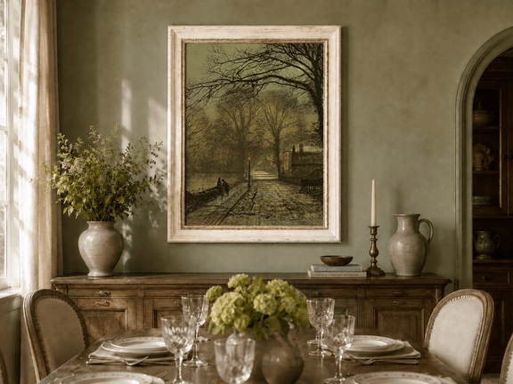 Moonlit village road oil landscape artwork shown in a styled home interior.