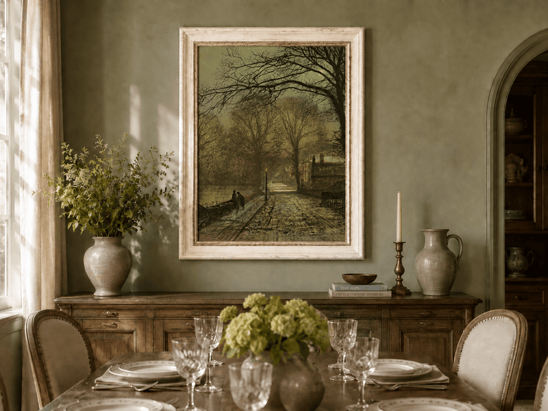 Moonlit village road oil landscape artwork shown in a styled home interior.