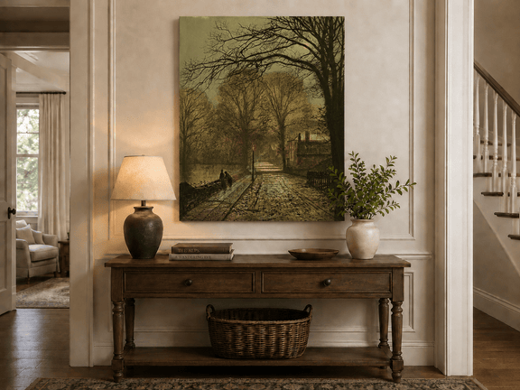 Moonlit tree-lined road landscape painting shown as decorative oil wall art.