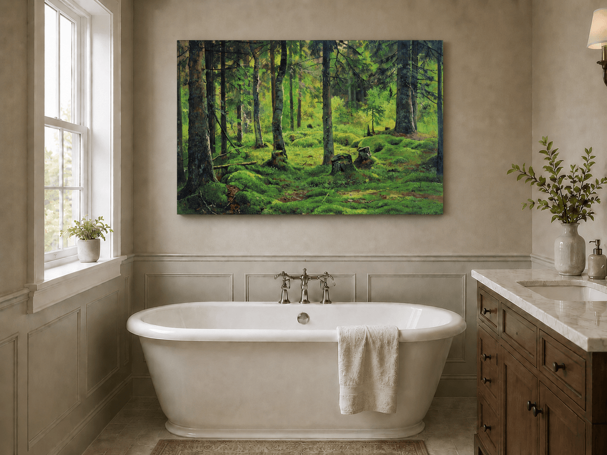Landscape Oil Painting - Mossy Forest Clearing with Birch Trees