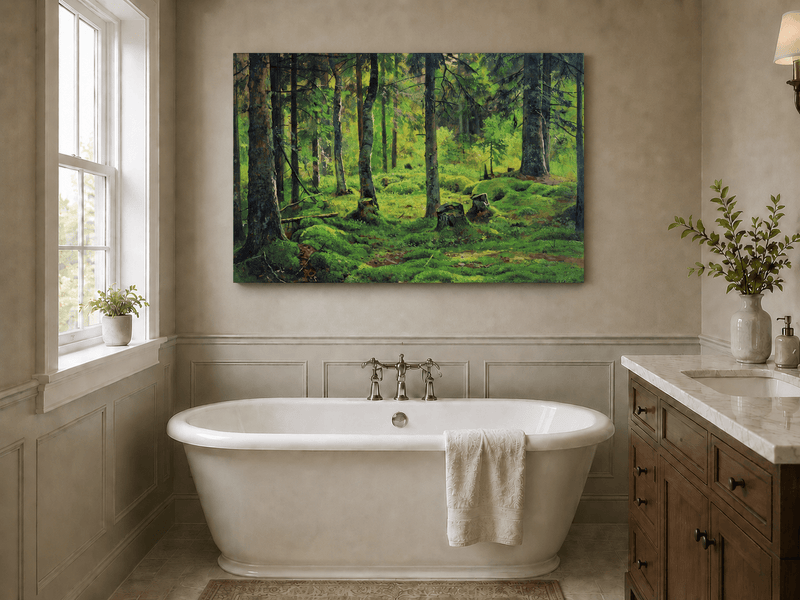 Landscape Oil Painting - Mossy Forest Clearing with Birch Trees
