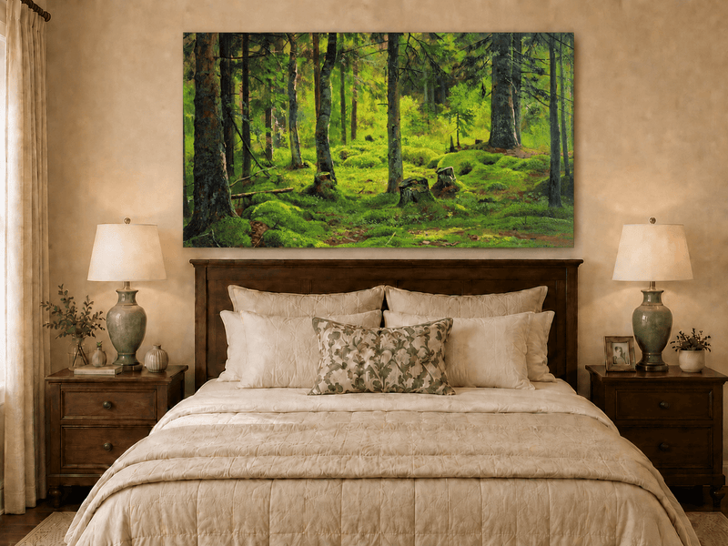 Landscape Oil Painting - Mossy Forest Clearing with Birch Trees