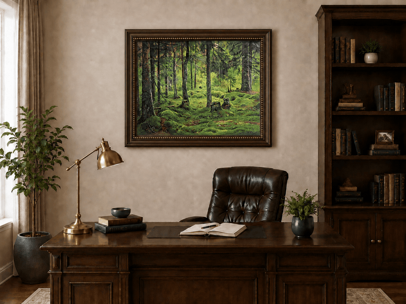 Landscape Oil Painting - Mossy Forest Clearing with Birch Trees