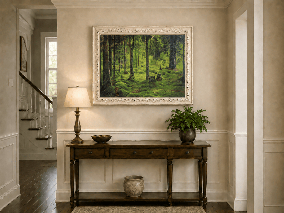Landscape Oil Painting - Mossy Forest Clearing with Birch Trees