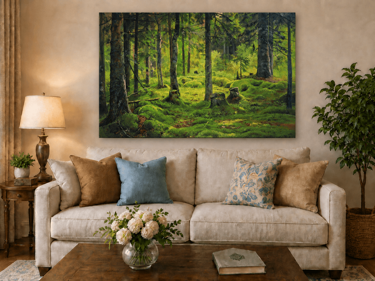 Landscape Oil Painting - Mossy Forest Clearing with Birch Trees