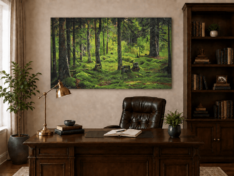 Landscape Oil Painting - Mossy Forest Clearing with Birch Trees
