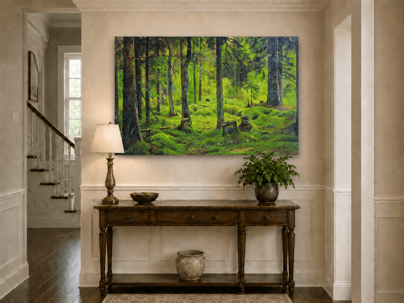 Landscape Oil Painting - Mossy Forest Clearing with Birch Trees