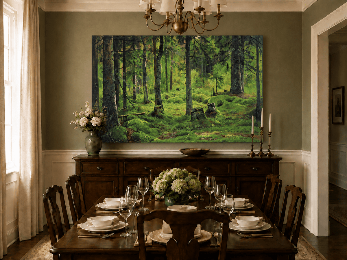 Landscape Oil Painting - Mossy Forest Clearing with Birch Trees