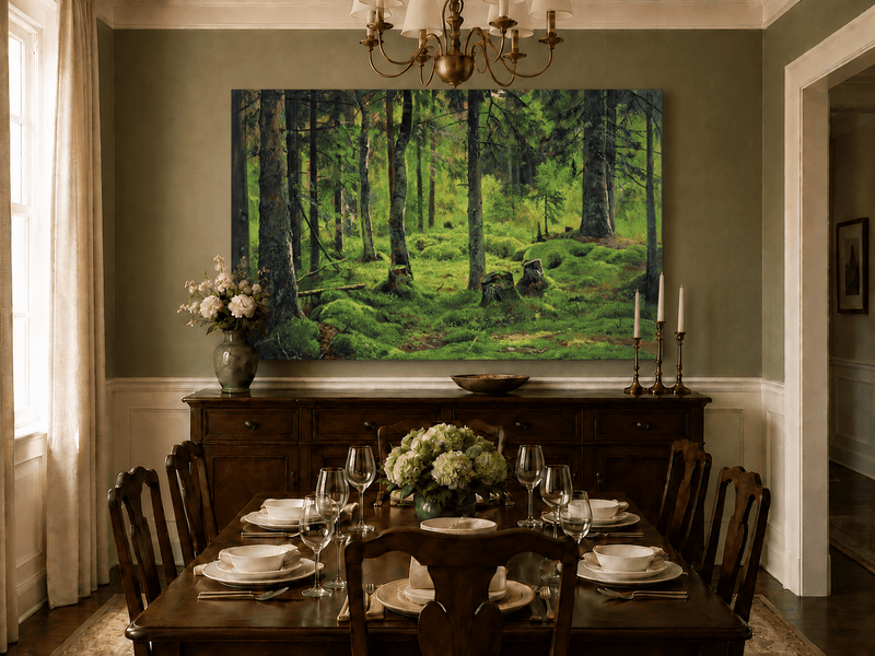Landscape Oil Painting - Mossy Forest Clearing with Birch Trees