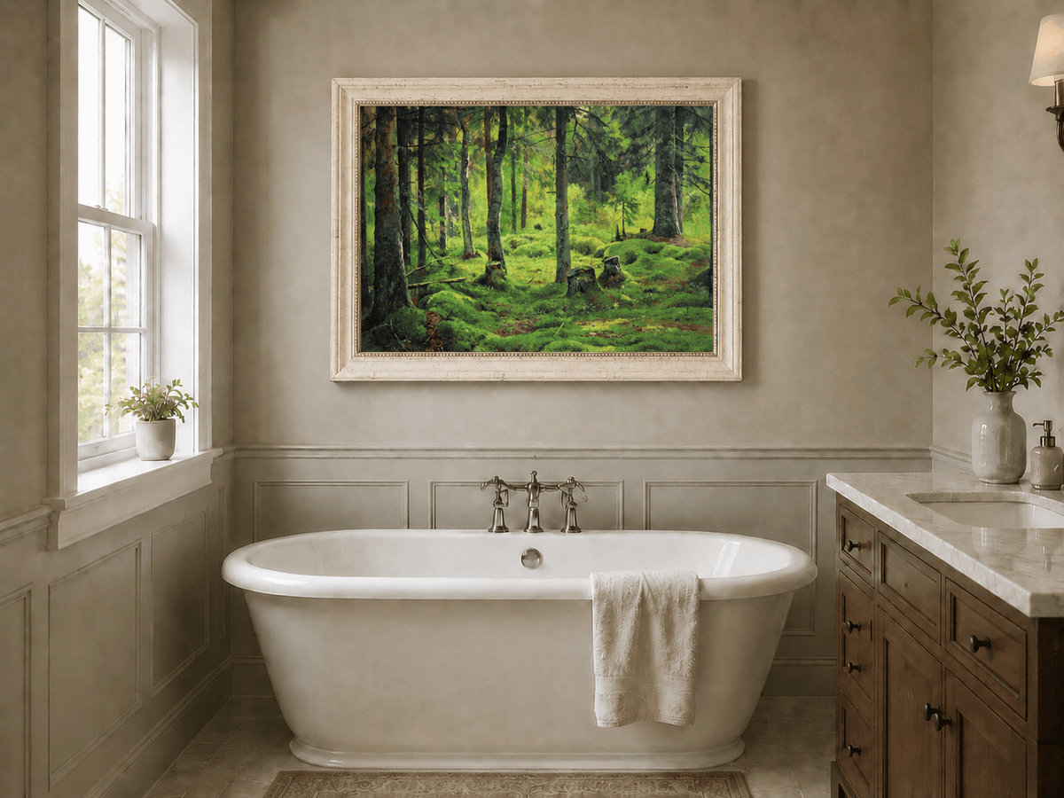 Landscape Oil Painting - Mossy Forest Clearing with Birch Trees