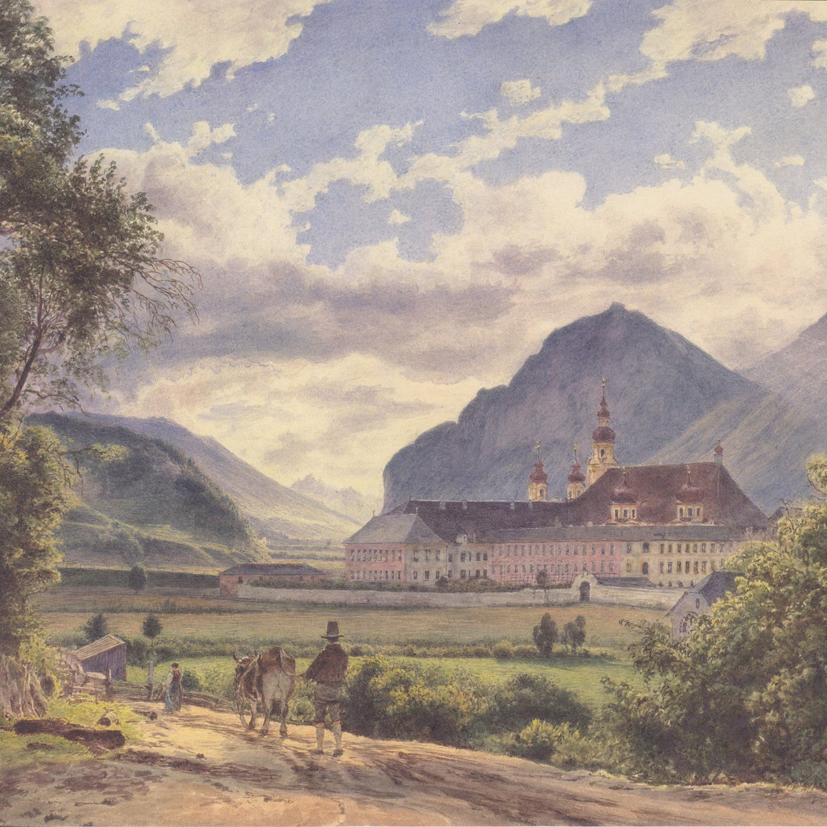Hand-painted mountain abbey and country path scene landscape oil painting on canvas
