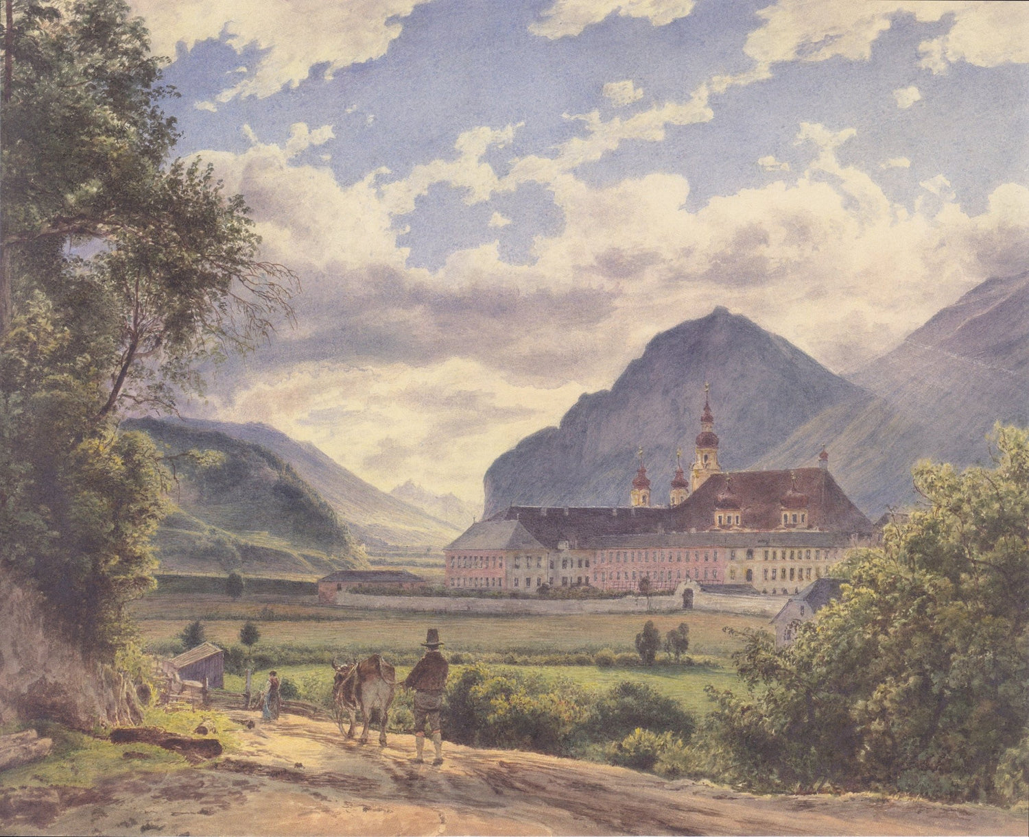 Hand-painted mountain abbey and country path scene landscape oil painting on canvas