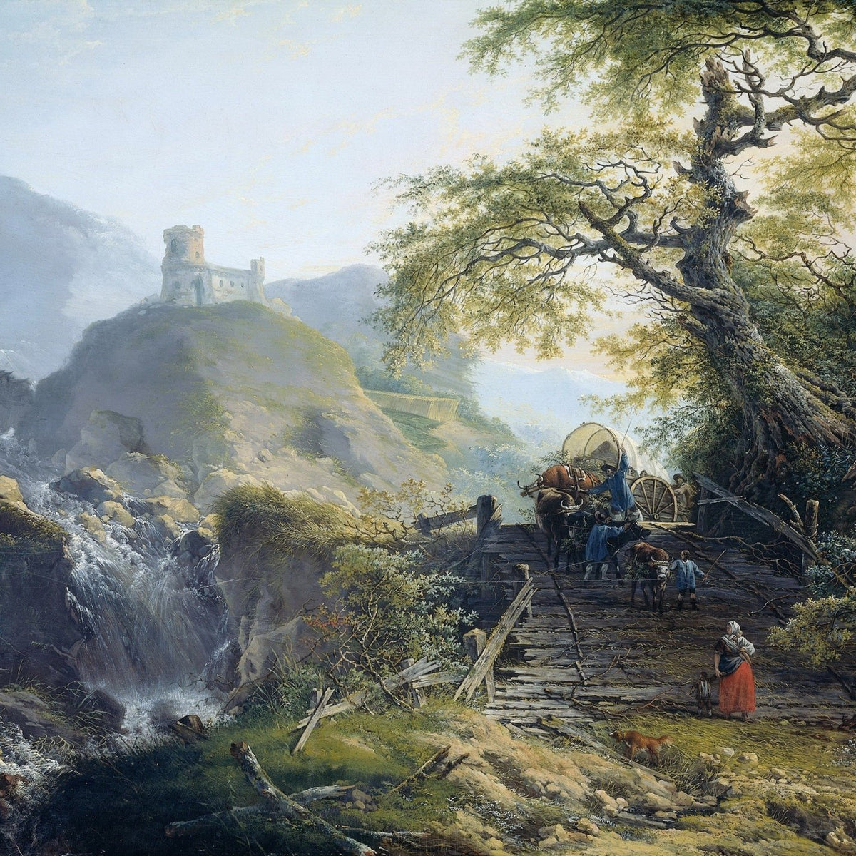 Landscape Oil Painting - Mountain Bridge and Waterfall Scene - Oil Painting Haven