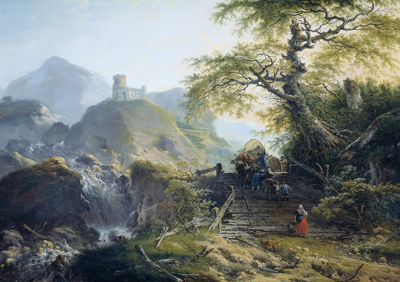 Landscape Oil Painting - Mountain Bridge and Waterfall Scene - Oil Painting Haven
