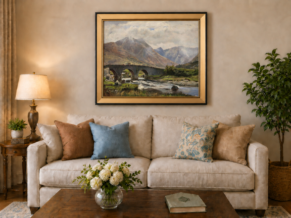 Hand-painted Mountain Bridge over Highland River landscape oil painting displayed as wall art in a styled interior