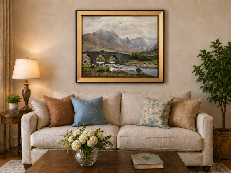 Hand-painted Mountain Bridge over Highland River landscape oil painting displayed as wall art in a styled interior