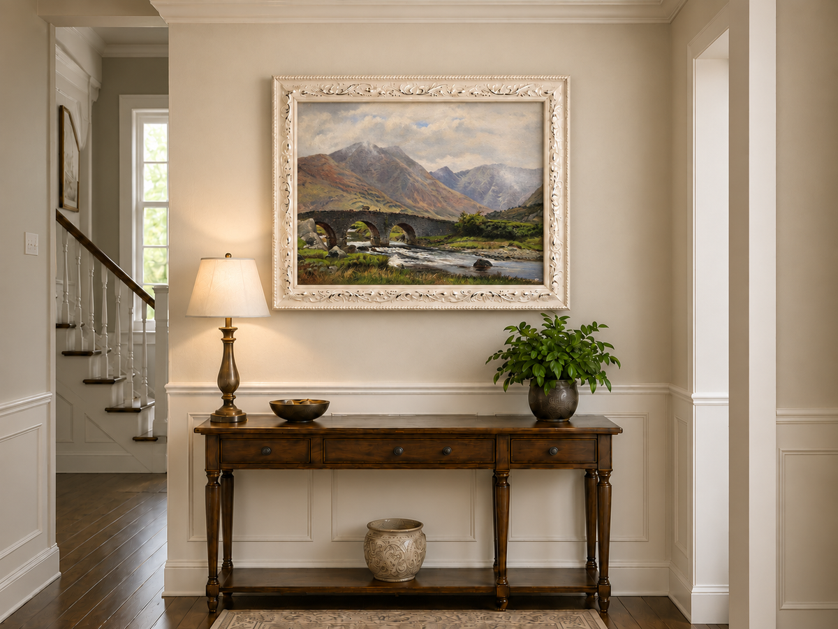 Hand-painted Mountain Bridge over Highland River landscape oil painting displayed as wall art in a styled interior