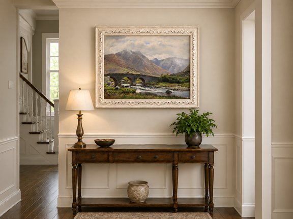 Hand-painted Mountain Bridge over Highland River landscape oil painting displayed as wall art in a styled interior