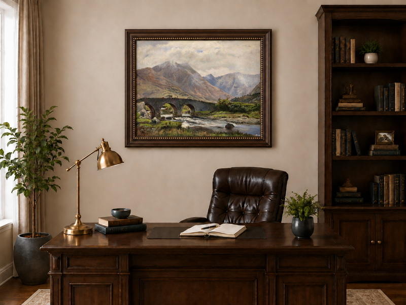 Hand-painted Mountain Bridge over Highland River landscape oil painting displayed as wall art in a styled interior