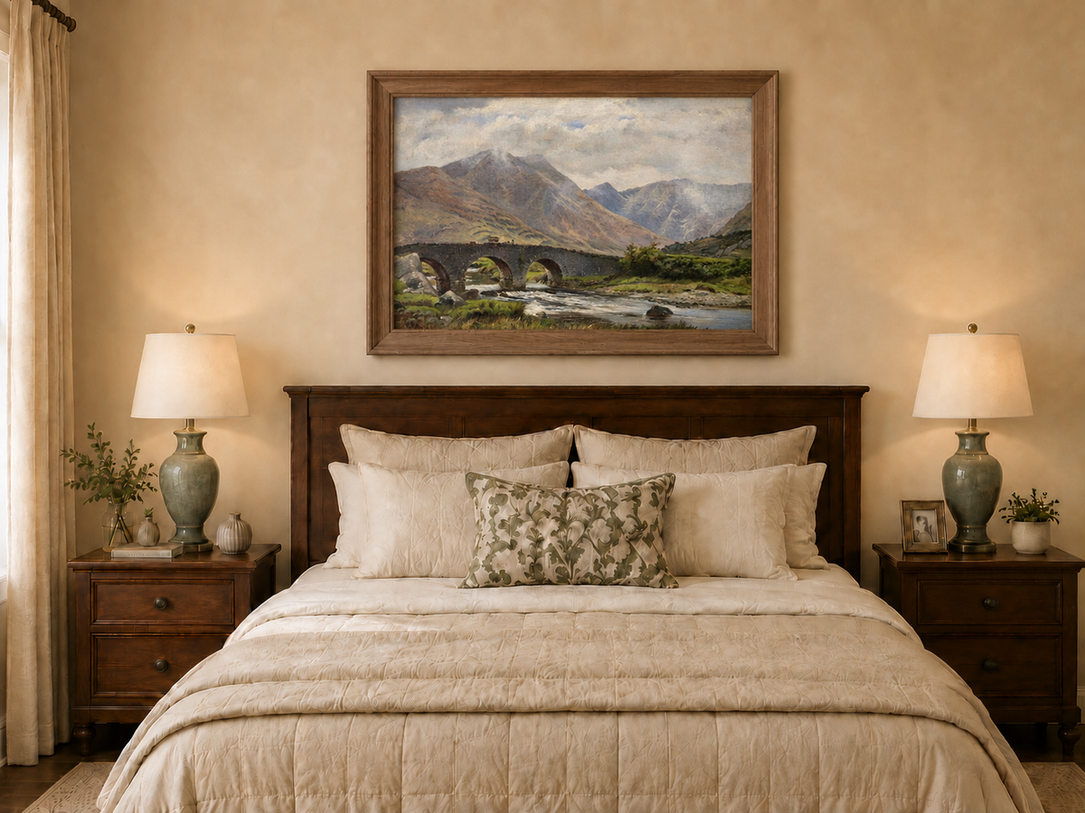 Hand-painted Mountain Bridge over Highland River landscape oil painting displayed as wall art in a styled interior
