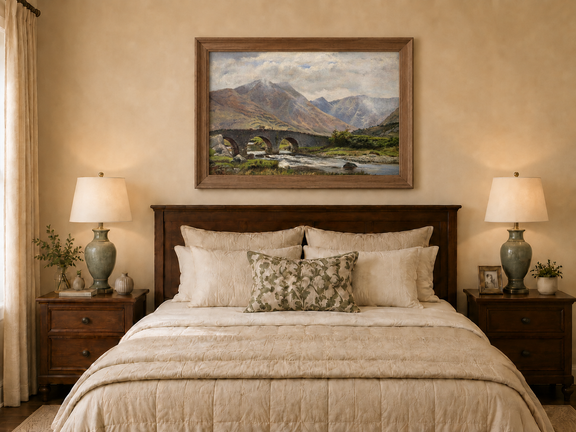 Hand-painted Mountain Bridge over Highland River landscape oil painting displayed as wall art in a styled interior