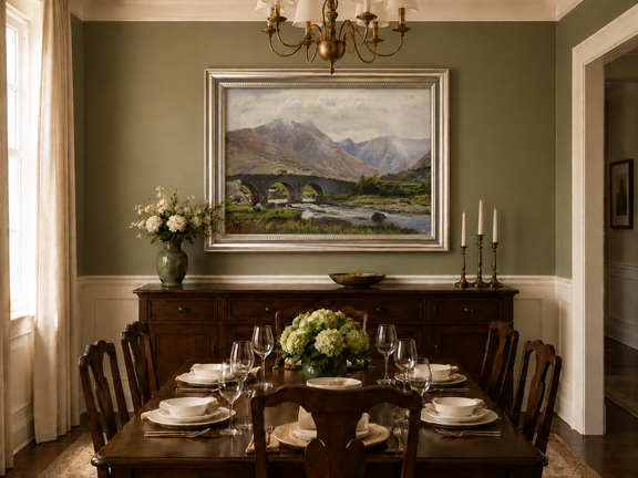 Hand-painted Mountain Bridge over Highland River landscape oil painting displayed as wall art in a styled interior