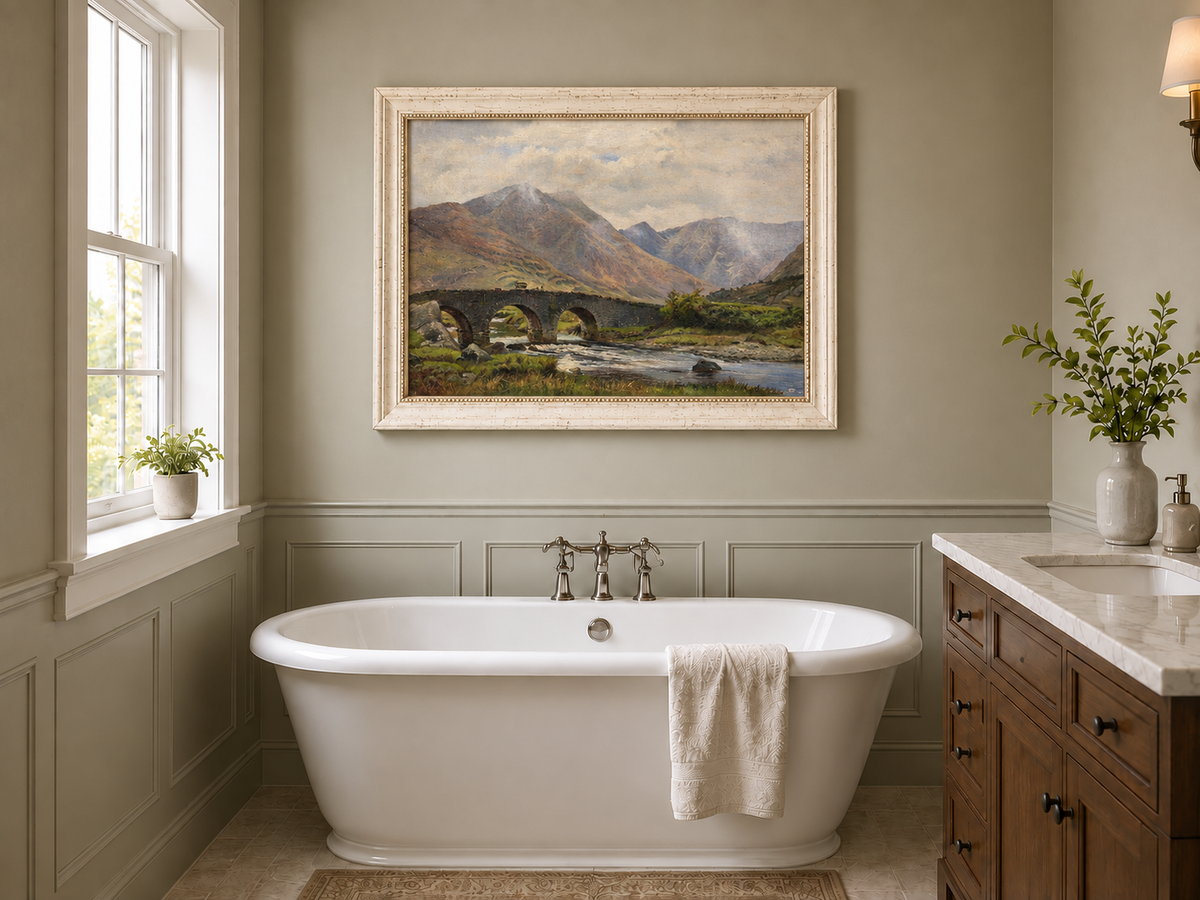 Hand-painted Mountain Bridge over Highland River landscape oil painting displayed as wall art in a styled interior