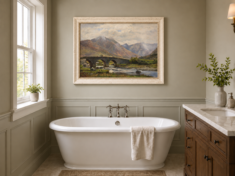 Hand-painted Mountain Bridge over Highland River landscape oil painting displayed as wall art in a styled interior