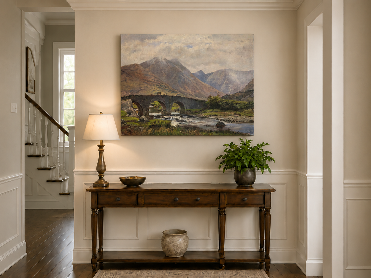 Hand-painted Mountain Bridge over Highland River landscape oil painting displayed as wall art in a styled interior