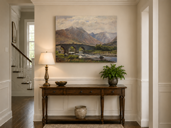 Hand-painted Mountain Bridge over Highland River landscape oil painting displayed as wall art in a styled interior