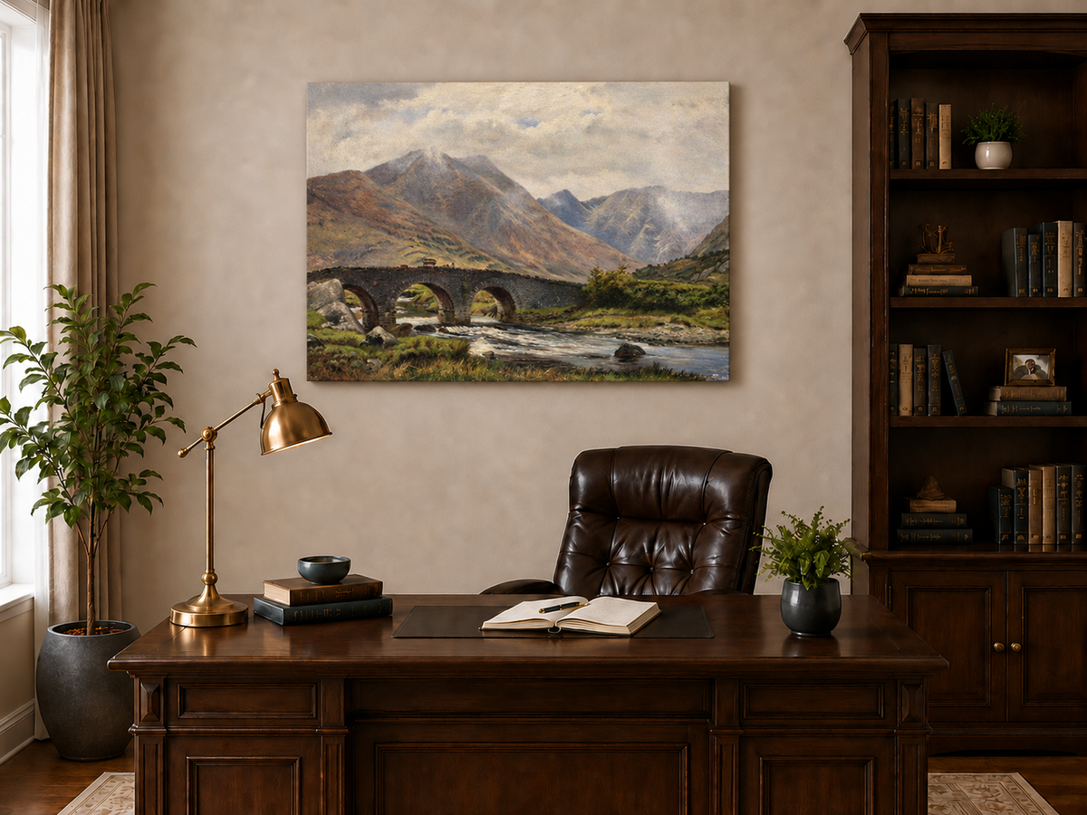 Hand-painted Mountain Bridge over Highland River landscape oil painting displayed as wall art in a styled interior