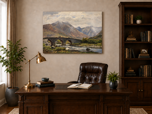 Hand-painted Mountain Bridge over Highland River landscape oil painting displayed as wall art in a styled interior