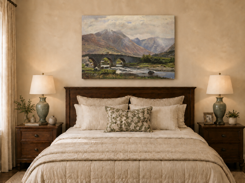 Hand-painted Mountain Bridge over Highland River landscape oil painting displayed as wall art in a styled interior