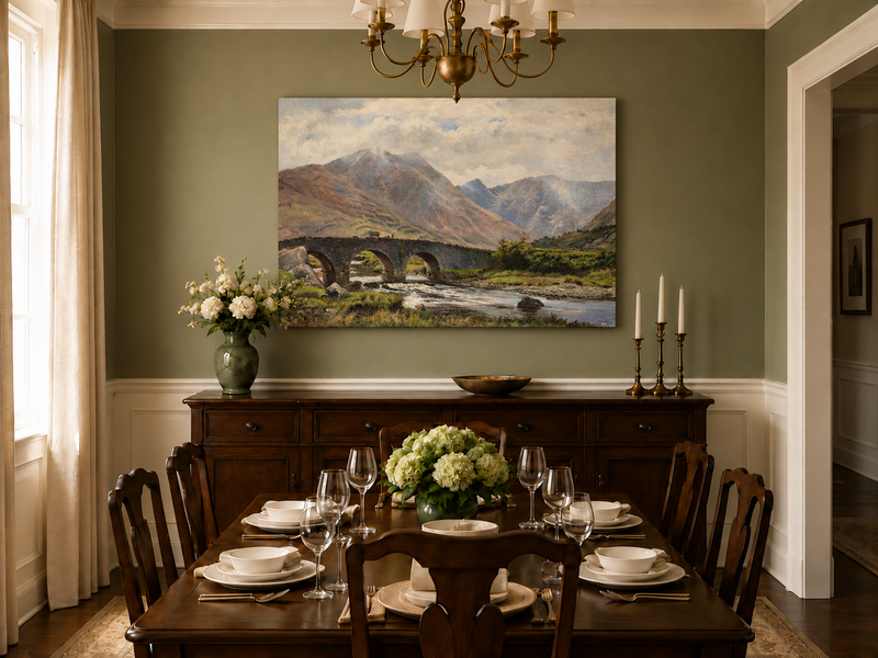 Hand-painted Mountain Bridge over Highland River landscape oil painting displayed as wall art in a styled interior