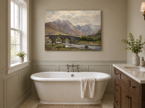 Hand-painted Mountain Bridge over Highland River landscape oil painting displayed as wall art in a styled interior