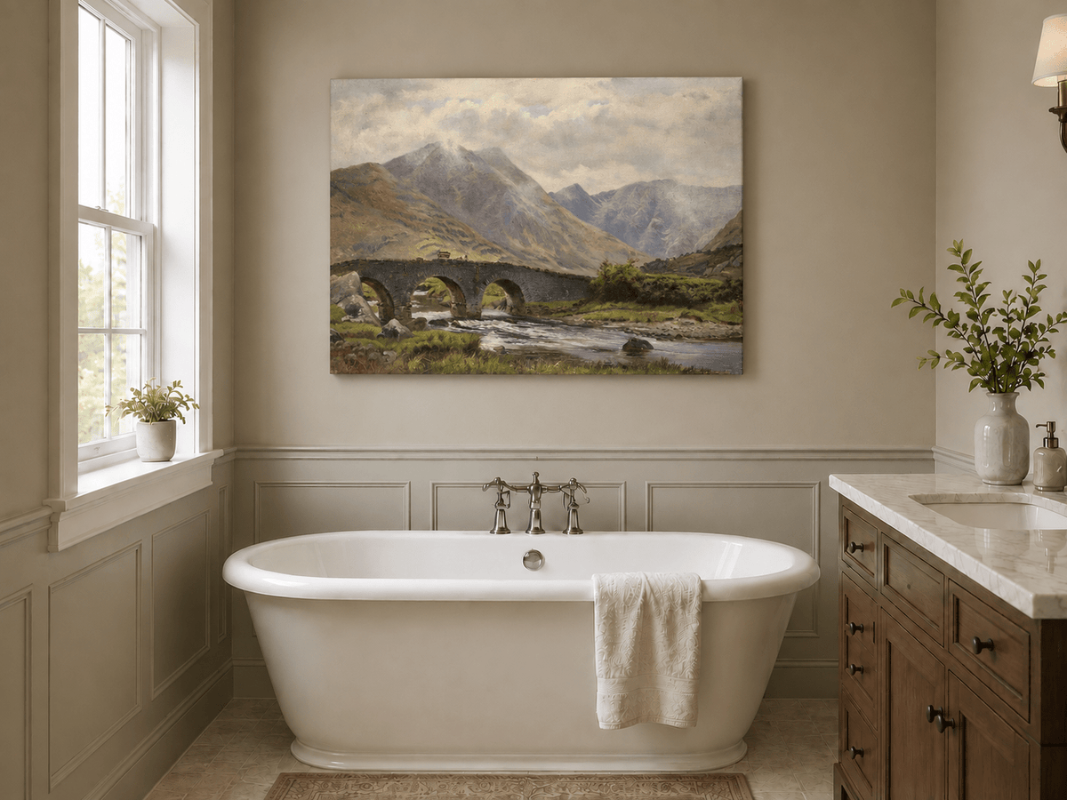 Hand-painted Mountain Bridge over Highland River landscape oil painting displayed as wall art in a styled interior