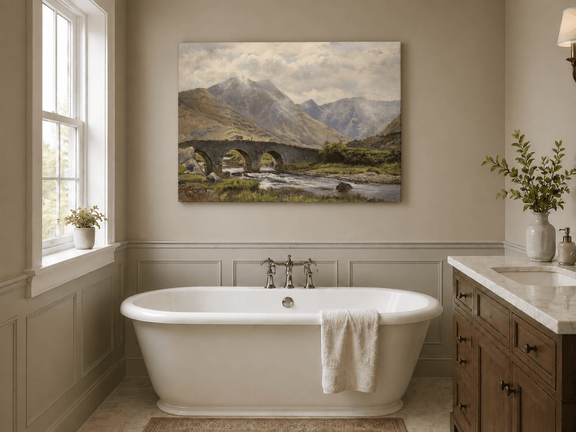 Hand-painted Mountain Bridge over Highland River landscape oil painting displayed as wall art in a styled interior