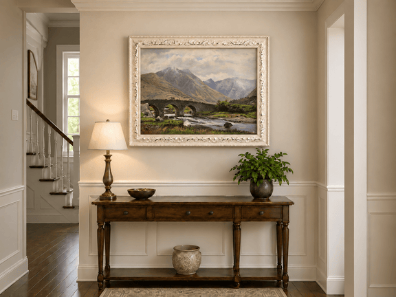 Hand-painted Mountain Bridge over Highland River landscape oil painting displayed as wall art in a styled interior