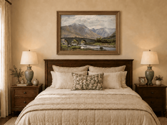 Hand-painted Mountain Bridge over Highland River landscape oil painting displayed as wall art in a styled interior