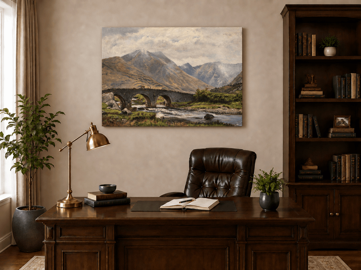 Hand-painted Mountain Bridge over Highland River landscape oil painting displayed as wall art in a styled interior