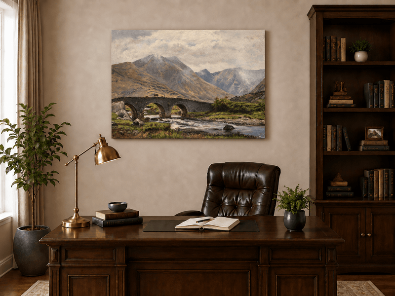 Hand-painted Mountain Bridge over Highland River landscape oil painting displayed as wall art in a styled interior