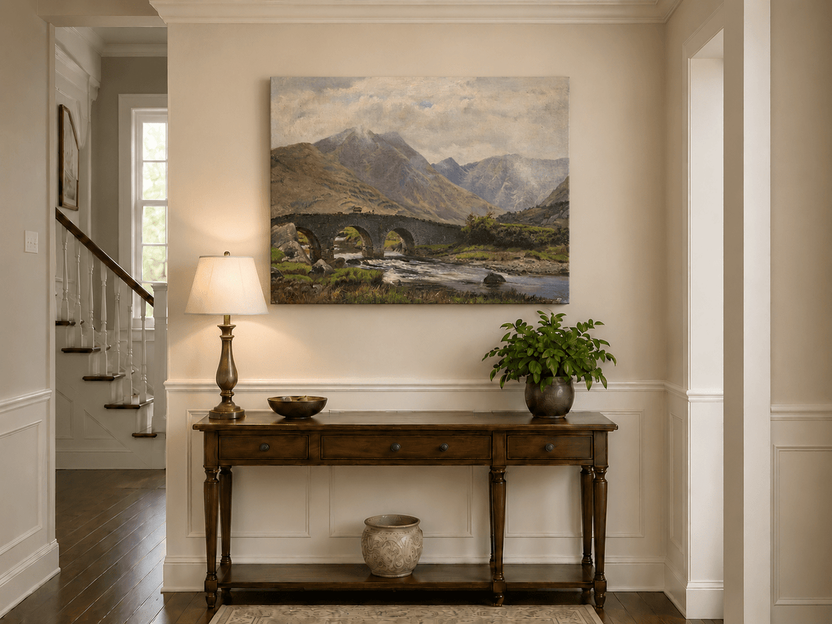 Hand-painted Mountain Bridge over Highland River landscape oil painting displayed as wall art in a styled interior