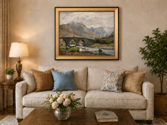 Hand-painted Mountain Bridge over Highland River landscape oil painting displayed as wall art in a styled interior