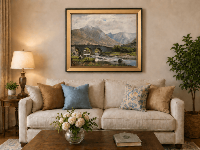 Hand-painted Mountain Bridge over Highland River landscape oil painting displayed as wall art in a styled interior
