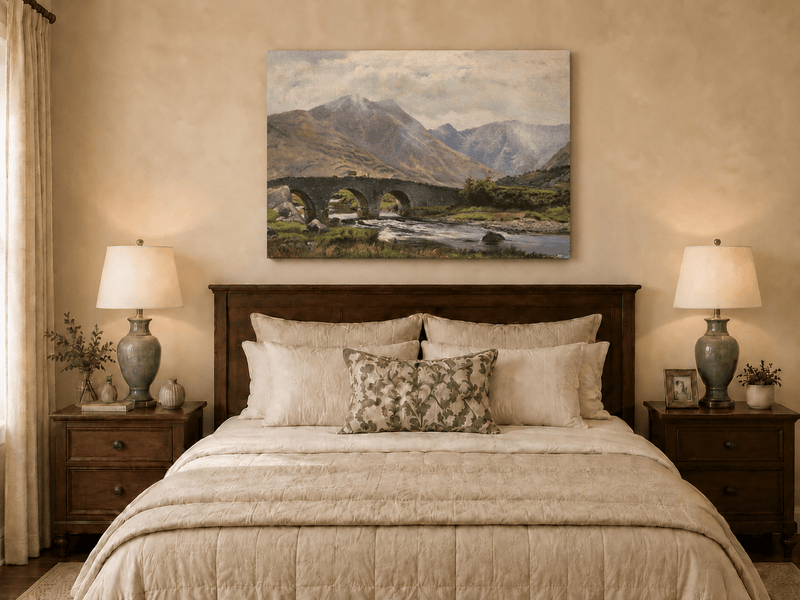 Hand-painted Mountain Bridge over Highland River landscape oil painting displayed as wall art in a styled interior