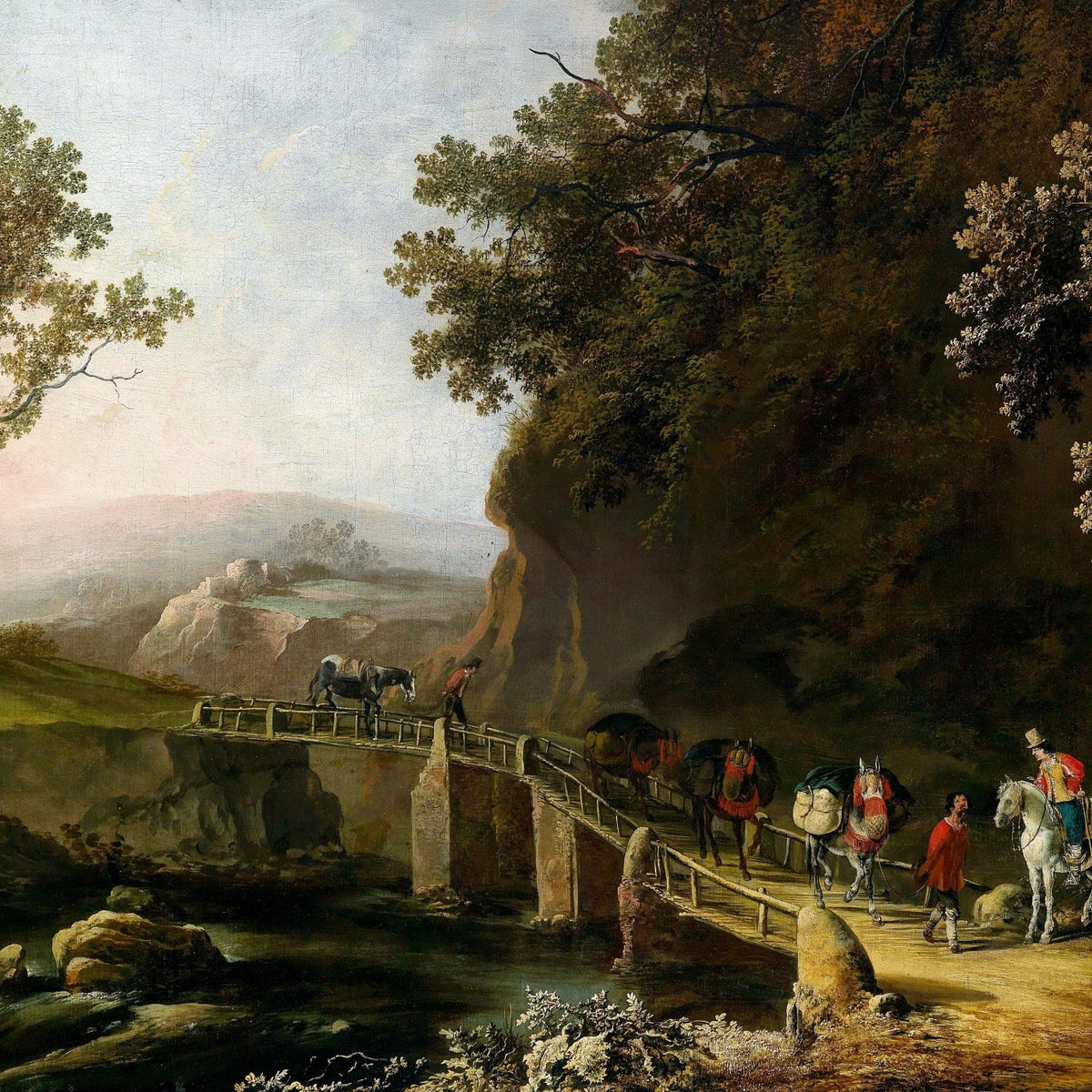 Landscape Oil Painting - Mountain Bridge with Travelers - Oil Painting Haven