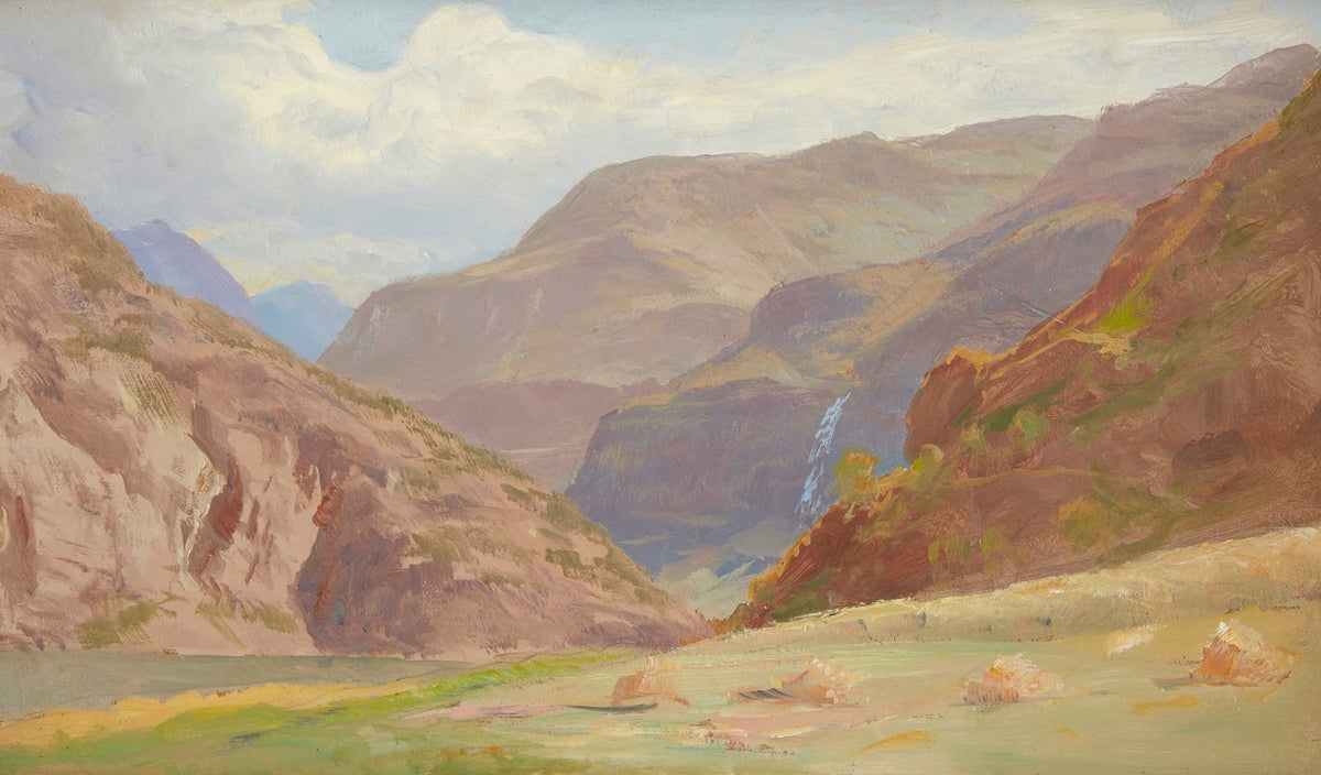 Landscape Oil Painting - Mountain Canyon, Waterfall & Grassy Valley Floor - Oil Painting Haven