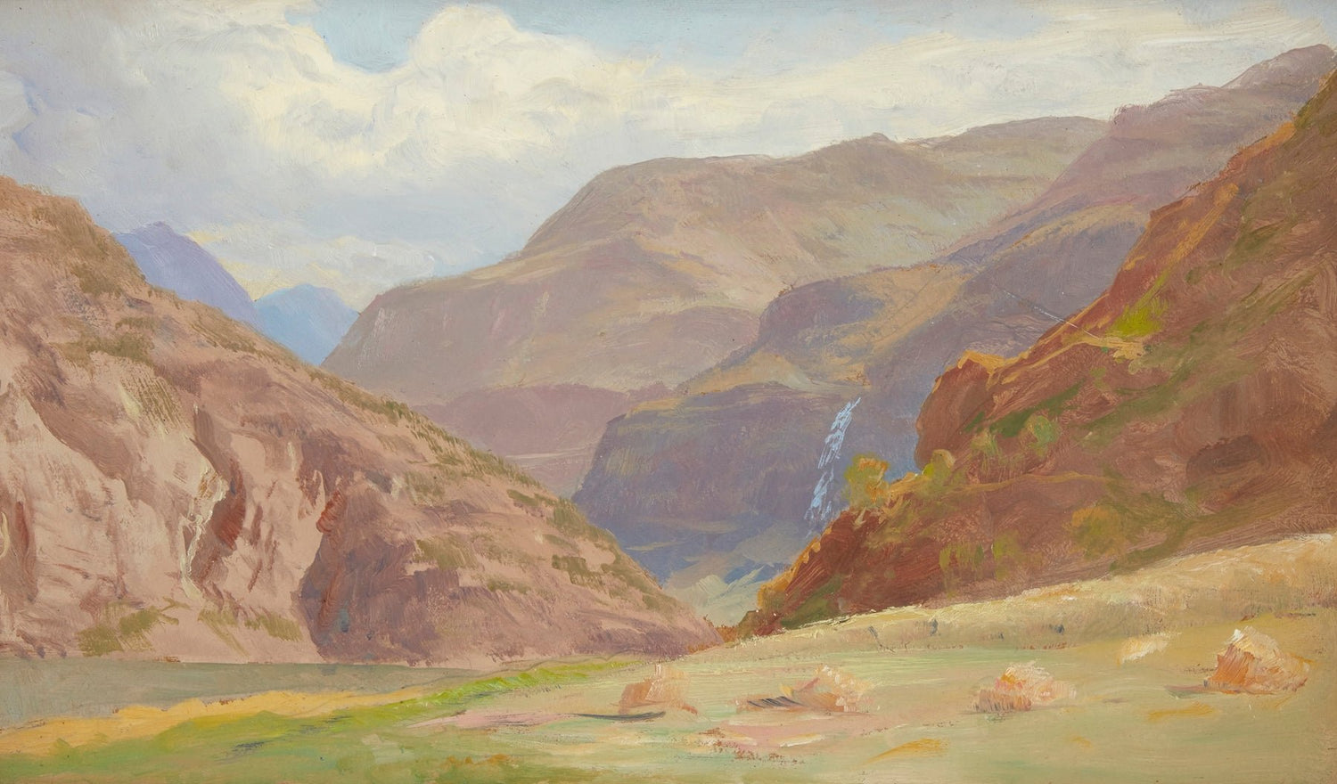 Landscape Oil Painting - Mountain Canyon, Waterfall & Grassy Valley Floor - Oil Painting Haven