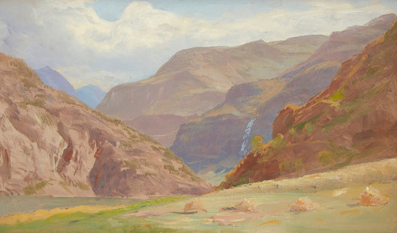 Landscape Oil Painting - Mountain Canyon, Waterfall & Grassy Valley Floor - Oil Painting Haven