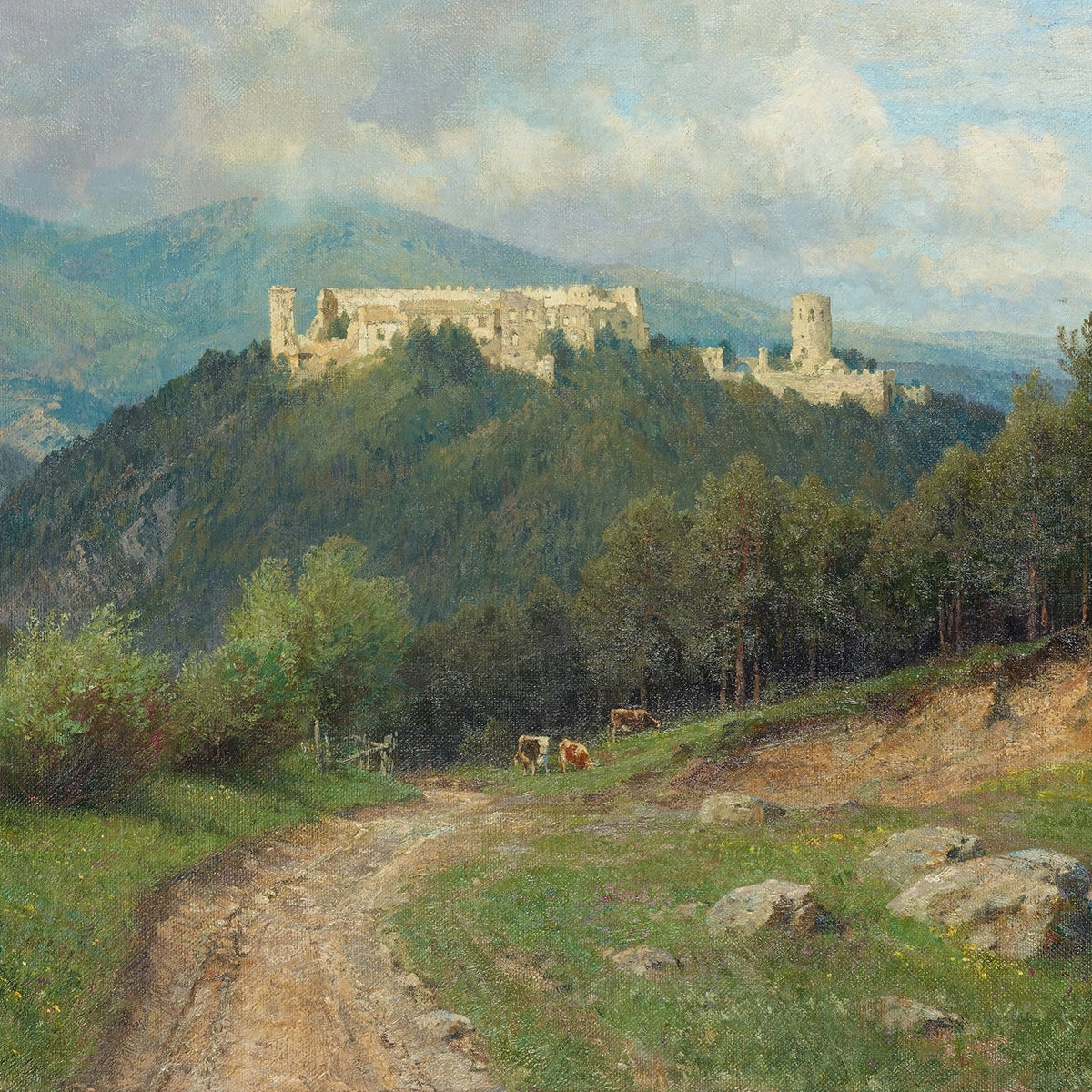Hand-painted mountain castle and forest path view landscape oil painting on canvas